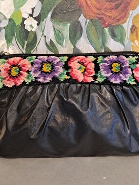 Feiler German Black Faux Leather Clutch w/Pink & Purple Chenille Floral Trim